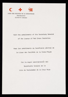 [A5 compliments slip for the League of Red Cross Societies, Geneva (1972?)].