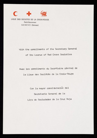 [A5 compliments slip for the League of Red Cross Societies, Geneva (1972?)].