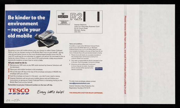 [Envelope for recycling old mobile phones to raise money for the British Red Cross Society].