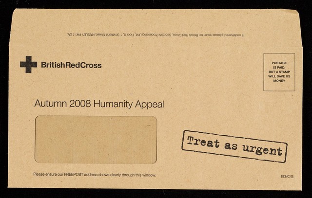 [Envelope ro return donations to the British Red Cross Society accompanying a form letter asking for donations (EPH464:157, EPH464:158) to help work in disaster relief in China, Myanmar and Bangladesh from Sir Nicholas Young, the Chief Executive].