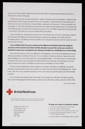 [Form letter asking for donations (EPH464:157, EPH464:158) to help work in disaster relief in China, Myanmar and Bangladesh from Sir Nicholas Young, the Chief Executive of the British Red Cross Society].