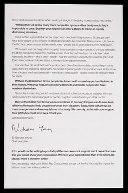 [Form letter asking for donations (EPH464:157, EPH464:158) to help work in disaster relief in China, Myanmar and Bangladesh from Sir Nicholas Young, the Chief Executive of the British Red Cross Society].