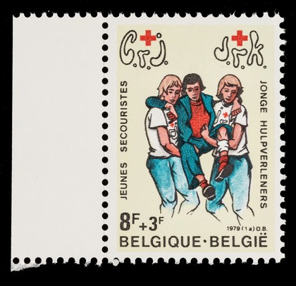 [8 franc (with 3 franc surcharge) Belgian postage stamp (Stanley Gibbons number: 2548) to raise funds for the Red Cross. The subject is Jeunes Secouristes].