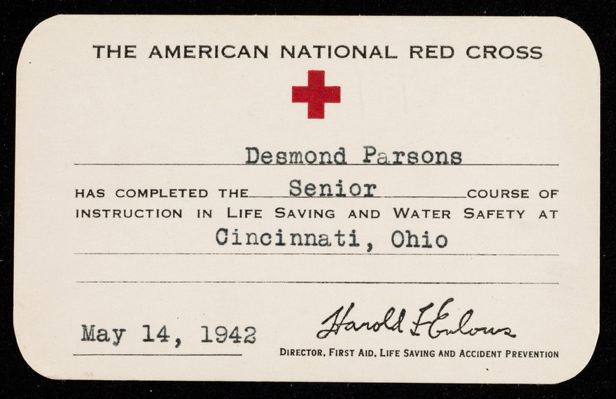 [Card certifying proficiency in life saving and water safety (Cincinnati, Ohio, 1939 - used in 1942)].