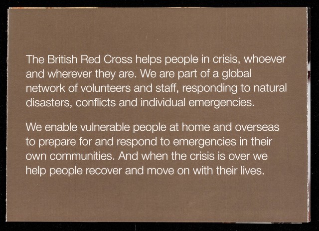 [Leaflet describing the work of the British Red Cross Society asking for donations and volunteers].