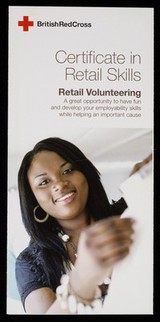 [British Red Cross Society leaflet asking for volunteers to work in their charity shops].