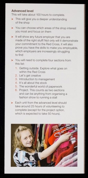 [British Red Cross Society leaflet asking for volunteers to work in their charity shops].