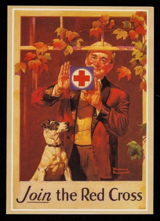 [British Red Cross Society greetings card of recruiting poster by Norman Rockwell asking people to "Join the Red Cross"].