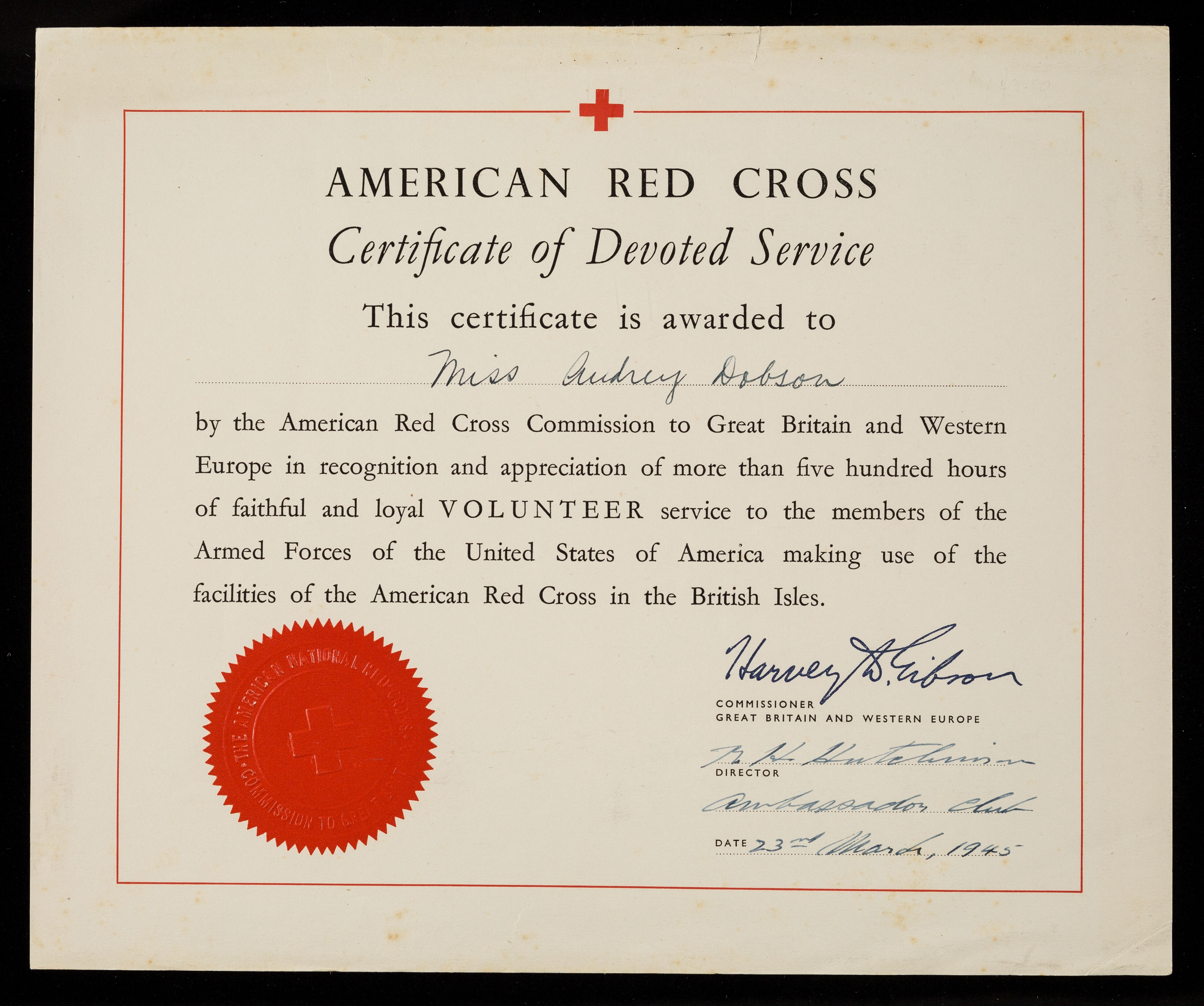 Certificate Issued By The American Red Cross In 1945 In Recognition Of More Than 500 Hours Of Volunteer Service Wellcome Collection