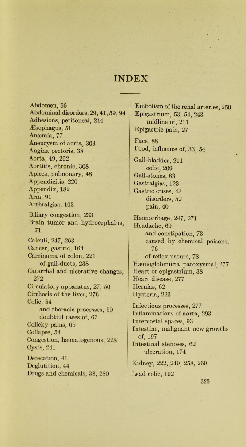 INDEX Abdomen, 56 Abdominal disorders, 29, 41,59, 94 Adhesions, peritoneal, 244 ^Esophagus, 51 Anaemia, 77 Aneurysm of aorta, 303 Angina pectoris, 38 Aorta, 49, 292 Aortitis, chronic, 308 Apices, pulmonary, 48 Appendicitis, 220 Appendix, 182 Arm, 91 Arthralgias, 103 Biliary congestion, 233 Brain tumor and hydrocephalus, 71 Calculi, 247, 263 Cancer, gastric, 164 Carcinoma of colon, 221 of gall-ducts, 238 Catarrhal and ulcerative changes, 272 Circulatory apparatus, 27, 50 Cirrhosis of the liver, 276 Colic, 54 and thoracic processes, 59 doubtful cases of, 67 Colicky pains, 65 Collapse, 54 Congestion, hsematogenous, 228 Cysts, 241 Defecation, 41 Deglutition, 44 Drugs and chemicals, 38, 280 Embolism of the renal arteries, 250 Epigastrium, 53, 54, 243 midline of, 211 Epigastric pain, 27 Face, 88 Food, influence of, 33, 54 Gall-bladder, 211 colic, 209 Gall-stones, 63 Gastralgias, 123 Gastric crises, 43 disorders, 52 pain, 40 Haemorrhage, 247, 271 Headache, 69 and constipation, 73 caused by chemical poisons, 76 of reflex nature, 78 Haemoglobinuria, paroxysmal, 277 Heart or epigastrium, 38 Heart disease, 277 Hernias, 62 Hysteria, 223 Infectious processes, 277 Inflammations of aorta, 293 Intercostal spaces, 93 Intestine, malignant new growths of, 197 Intestinal stenoses, 62 ulceration, 174 Kidney, 222, 249, 258, 269 Lead colic, 192