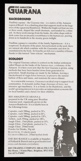 [Leaflet advertising Rio Trading Company (Health) Ltd.'s Rio Amazon Guarana tablets].