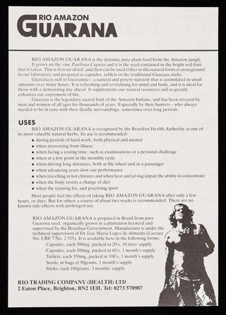 [A5 leaflet advertising Rio Trading Company (Health) Ltd.'s Rio Amazon Guarana tablets].