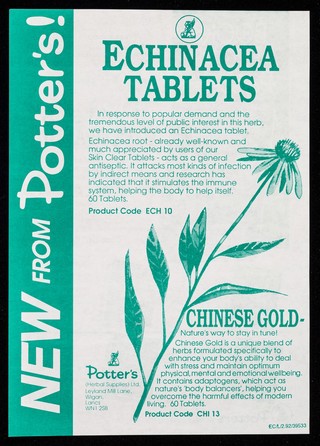 [Leaflet dated February 1992 advertising Potter's Echinacea and Chinese Gold tablets].