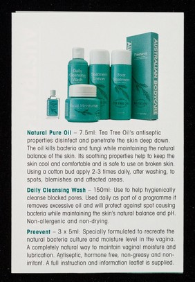 [Leaflet advertising antiseptic tea tree oil products].