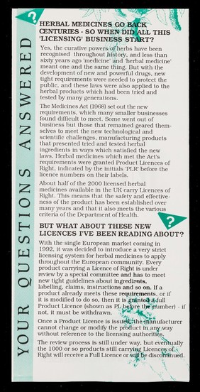 [Leaflet explaining how the Department of Health's herbal medicine licensing system safeguards the public].