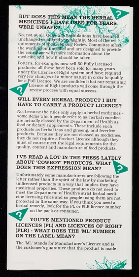 [Leaflet explaining how the Department of Health's herbal medicine licensing system safeguards the public].