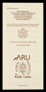 [Leaflet advertising ARU herbal products by Rosie Laing. ].