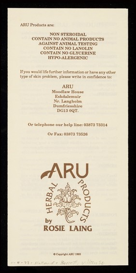 [Leaflet advertising ARU herbal products by Rosie Laing. ].
