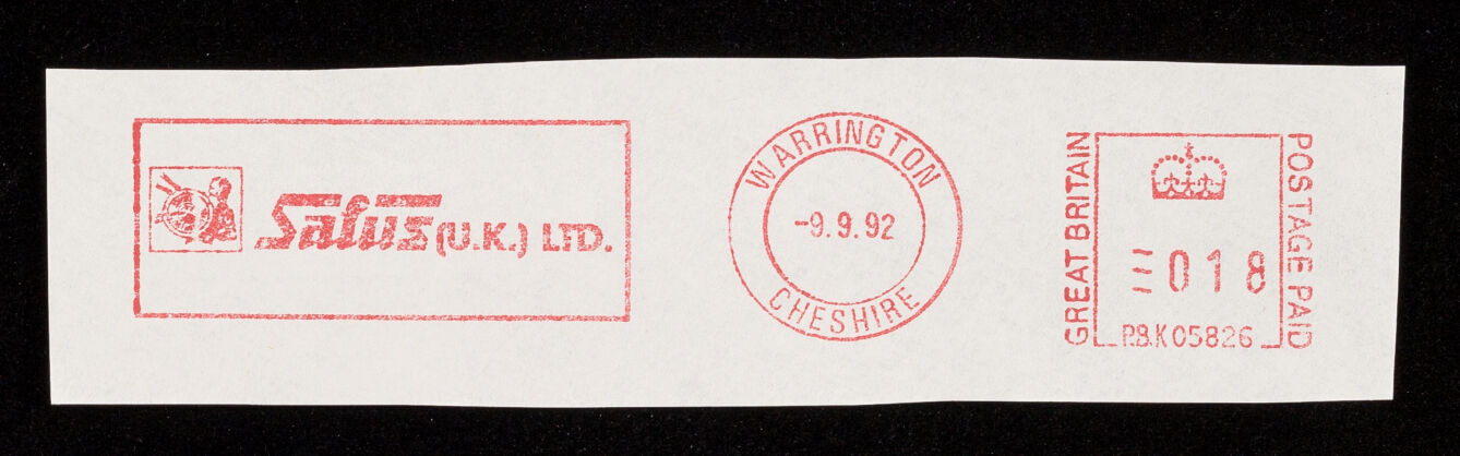 [Postal cancellation stamp for Salus (UK) Ltd. (9 September 1992)].