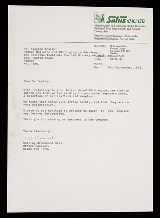 [Letterhead for Salus (UK) Ltd. (8 September 1992), manufacturers of traditional herbal remedies, biological food supplements and natural dietary aids].