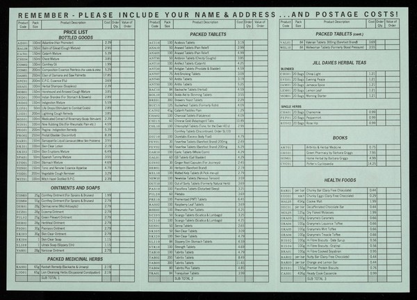 [January 1992 price list for Potter's Herbal Supplies (green paper)].