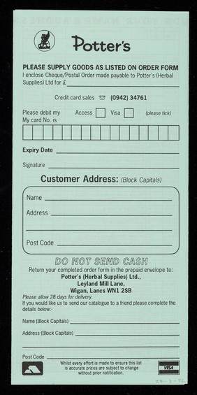 [January 1992 price list for Potter's Herbal Supplies (green paper)].