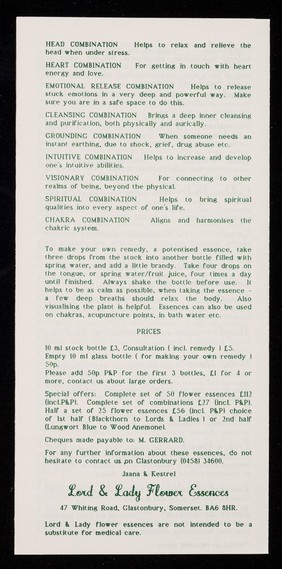 [Leaflet advertising Lord & Lady flower essences (Glastonbury), a form of vibrational healing].