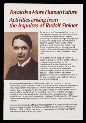 [Leaflet about Rudolf Steiner, anthroposophical medicine, Weleda natural medicines, special education, biodynamic agriculture].