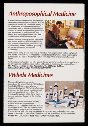 [Leaflet about Rudolf Steiner, anthroposophical medicine, Weleda natural medicines, special education, biodynamic agriculture].