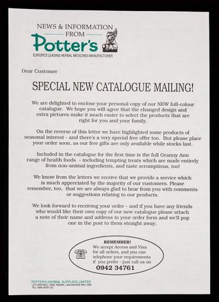 [June 1992 Potter's Herbal Supplies newsletter (special new catalogue mailing) advertising Boldo tablets (slimming aid), Granny Ann Biscuits (for constipation) and Wellwoman Tablets for menopause].