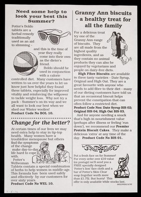 [June 1992 Potter's Herbal Supplies newsletter (special new catalogue mailing) advertising Boldo tablets (slimming aid), Granny Ann Biscuits (for constipation) and Wellwoman Tablets for menopause].