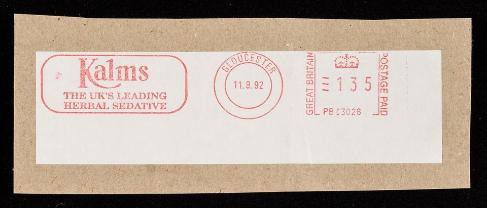 [Postal cancellation stamp (11 September 1992) for G.R. Lane of Gloucester, advertising their Kalms natural sleeping tablets].