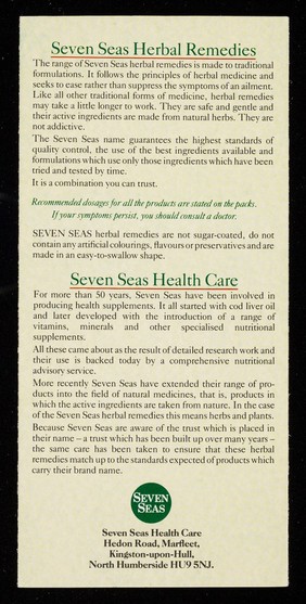 [Leaflet advertising a range of herbal remedies from Seven Seas Health Care (Marfleet, Kingston-upon-Hull)].