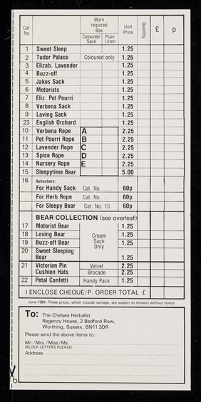 [Illustrated order form for The Chelsea Herbalist's (Worthing, west Sussex) bags of dried herbs and pot pourri].