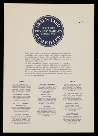 [Leaflet advertising Neal's Yard cosmetics, oils, moisturisers and soaps].