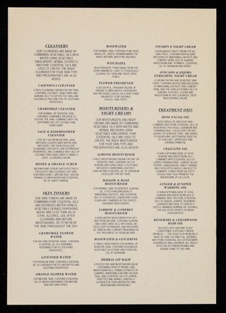 [Leaflet advertising Neal's Yard cosmetics, oils, moisturisers and soaps].