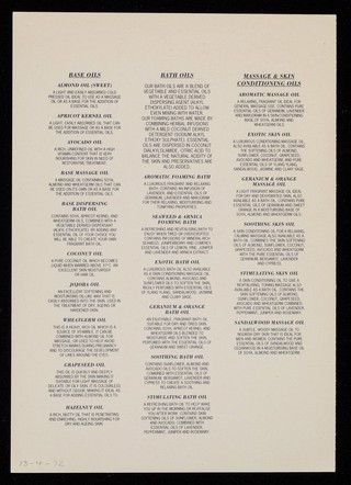 [Leaflet advertising Neal's Yard cosmetics, oils, moisturisers and soaps].
