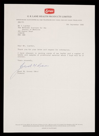 [Letterhead for  G.R. Lane of Gloucester (9 September 1992)].