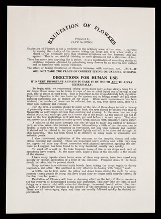 [Leaflet advertising Kaye McInnes's 'Exultation of Flowers' product, designed to "raise the vitality of the person taking the drops". ].