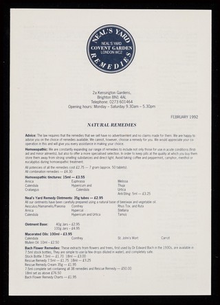 [Leaflet advertising Neal's Yard natural remedies, cosmetics, herbal tinctures and medicinal herbs & powders].