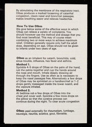 [Leaflet advertising G.R. Lane of Gloucester's Olbas Oil, used to relieve flatulence, colds, respiratory problems and headaches].