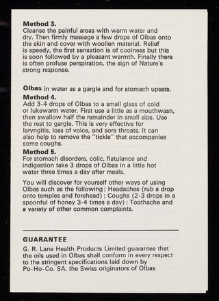 [Leaflet advertising G.R. Lane of Gloucester's Olbas Oil, used to relieve flatulence, colds, respiratory problems and headaches].