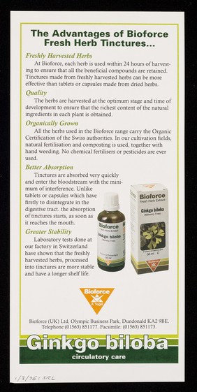 [Leaflet advertising Bioforce (UK) Ltd.'s fresh herb tincture of ginkgo for better circulation].
