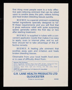 [Leaflet advertising G.R. Lane of Gloucester's Heemex, used to relieve haemorrhoids].