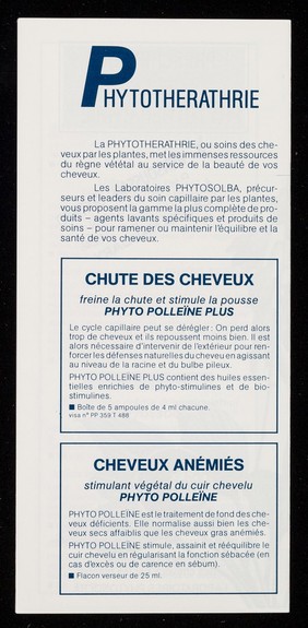 [Leaflet advertising Laboratoires Phytosolba's Phytothérathrie hair products].