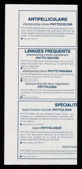 [Leaflet advertising Laboratoires Phytosolba's Phytothérathrie hair products].