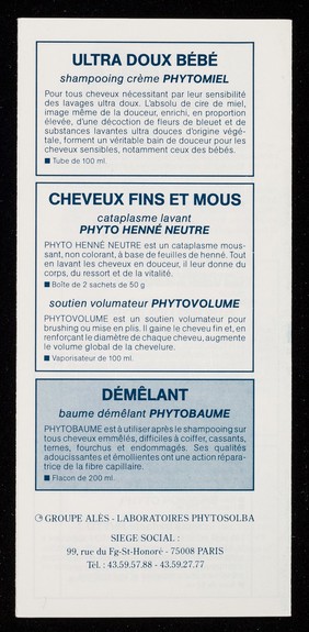 [Leaflet advertising Laboratoires Phytosolba's Phytothérathrie hair products].