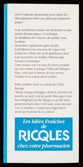 [Leaflet advertising Ricqles peppermint products (sweets, spray, alcohol, chewing gum etc.)].
