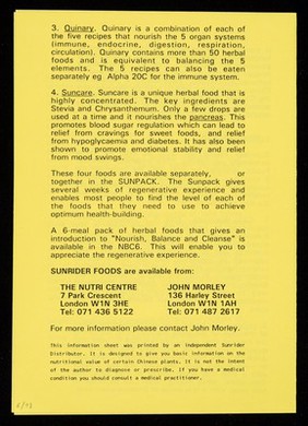 [Leaflet advertising Sunrider Foods from The Nutri Centre, Park Crescent, London and John Morley, Harley Street, London].