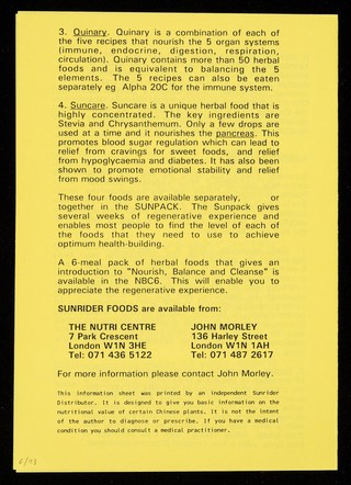 [Leaflet advertising Sunrider Foods from The Nutri Centre, Park Crescent, London and John Morley, Harley Street, London].